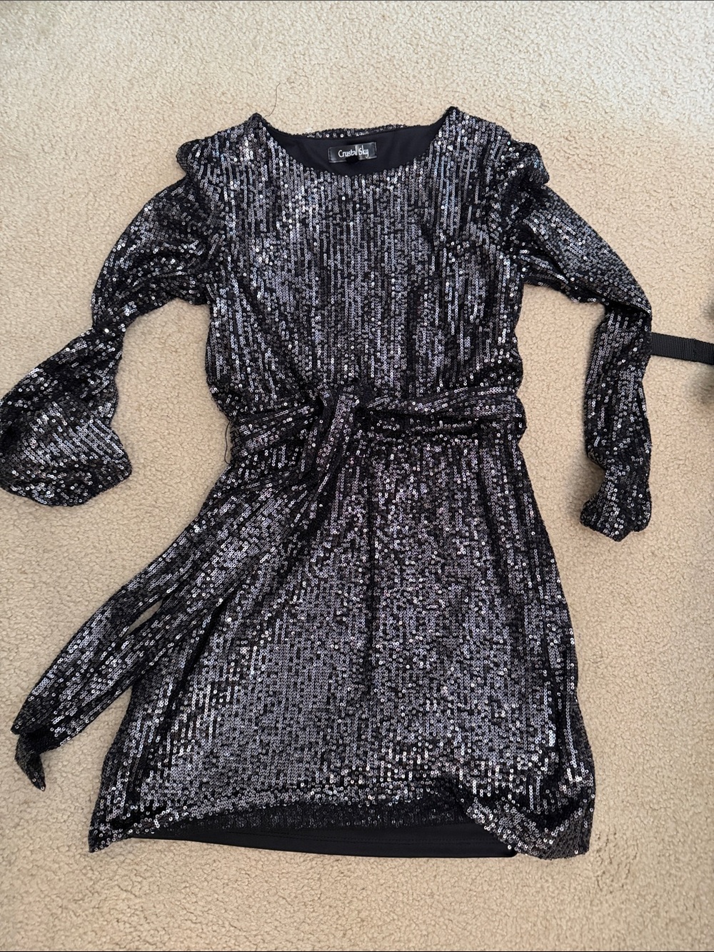 Black Sequin Long-Sleeve Tie-Waist Dress